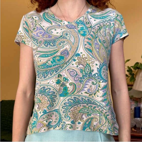 Croft & Barrow Multi Green Paisley V-Neck Top size Medium 100% Cotton - Picture 1 of 9